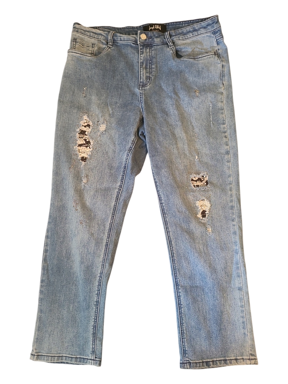 Joseph Ribkoff Distressed Sequins Pearls Faded Medium Wash Blue Women’s Jeans 14